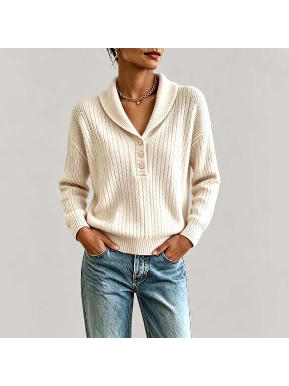 Womens Shawl Collar Cable Knit Pullover Sweater Half Button Front Long Sleeve Relaxed Fit Casual Fall Winter Tops