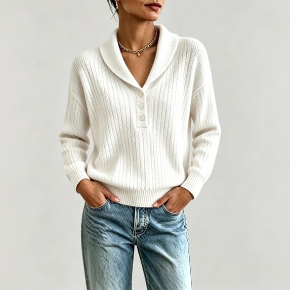 Womens Shawl Collar Cable Knit Pullover Sweater Half Button Front Long Sleeve Relaxed Fit Casual Fall Winter Tops