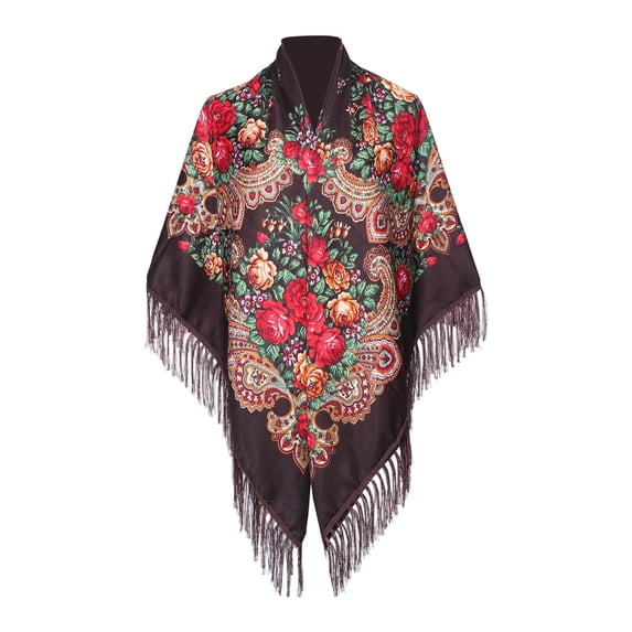 Womens Shawl Wraps Vintage Floral Ethnic Print Fringe Large Square Shawl Scarf, Boho Tassel Wrap Poncho Cape Lightweight Blanket Scarf for Travel Daily Party Outfit(Coffee)