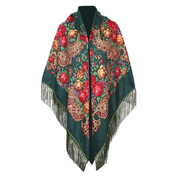 Womens Shawl Wraps Vintage Floral Ethnic Print Fringe Large Square Shawl Scarf, Boho Tassel Wrap Poncho Cape Lightweight Blanket Scarf for Travel Daily Party Outfit(Green)