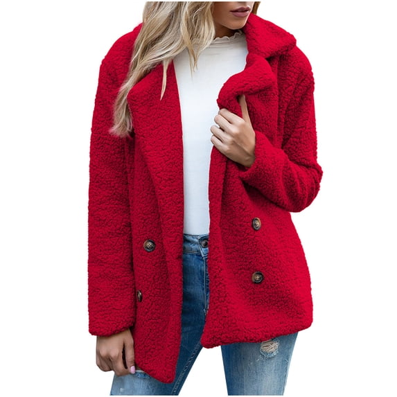 Womens Shearling Coat Fuzzy Button Down Lapel Coats Warm Winter Oversized Outwear Jackets Red M