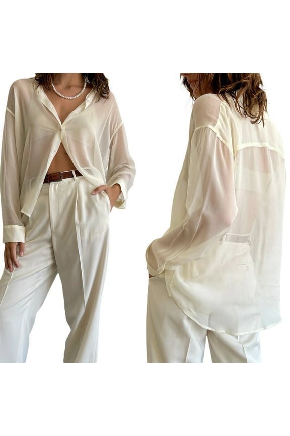 Womens Sheer Button Up Shirt Long Sleeve LapelNeck Mesh Top Vintage See Through Blouse Streetwear