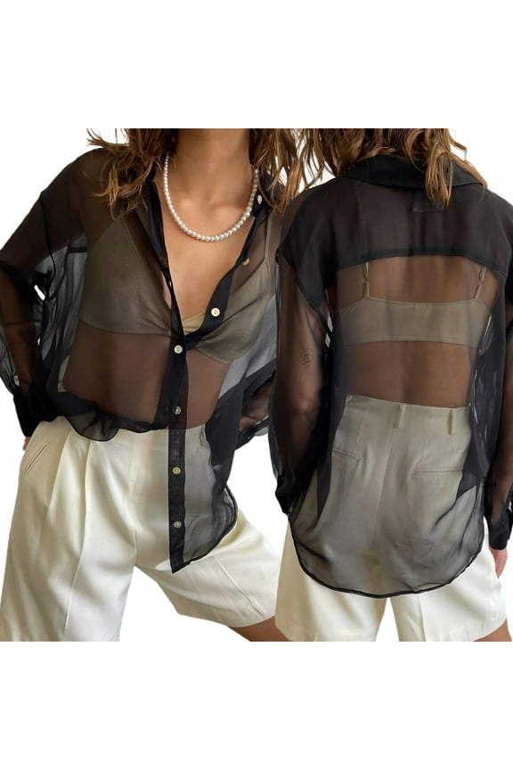 Womens Sheer Button Up Shirt Long Sleeve LapelNeck Mesh Top Vintage See Through Blouse Streetwear