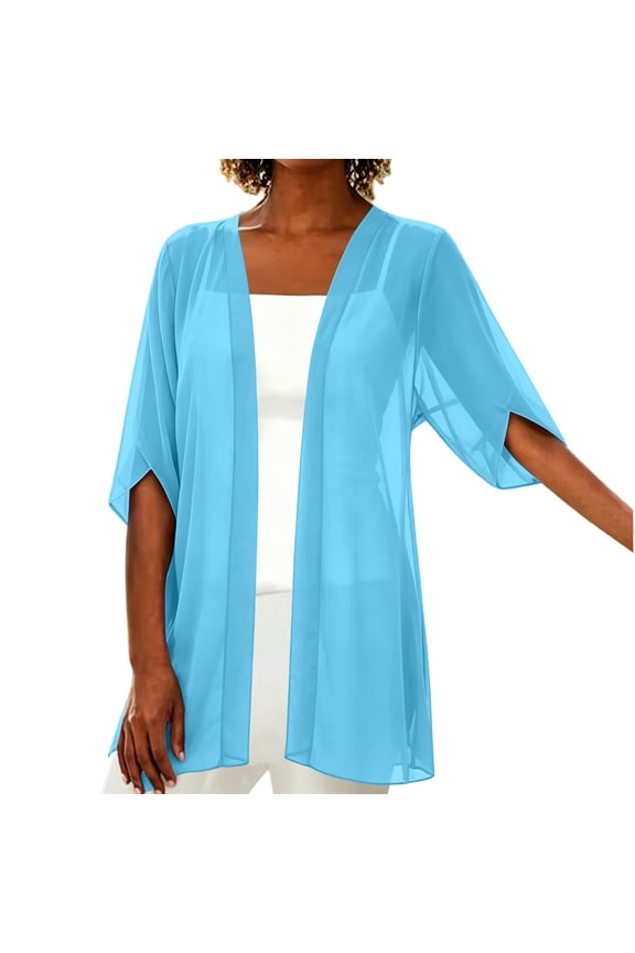 Womens Sheer Chiffon Cardigans Puff Half Sleeve See Through Dusters Casual Loose Kimono Cardigan Capes