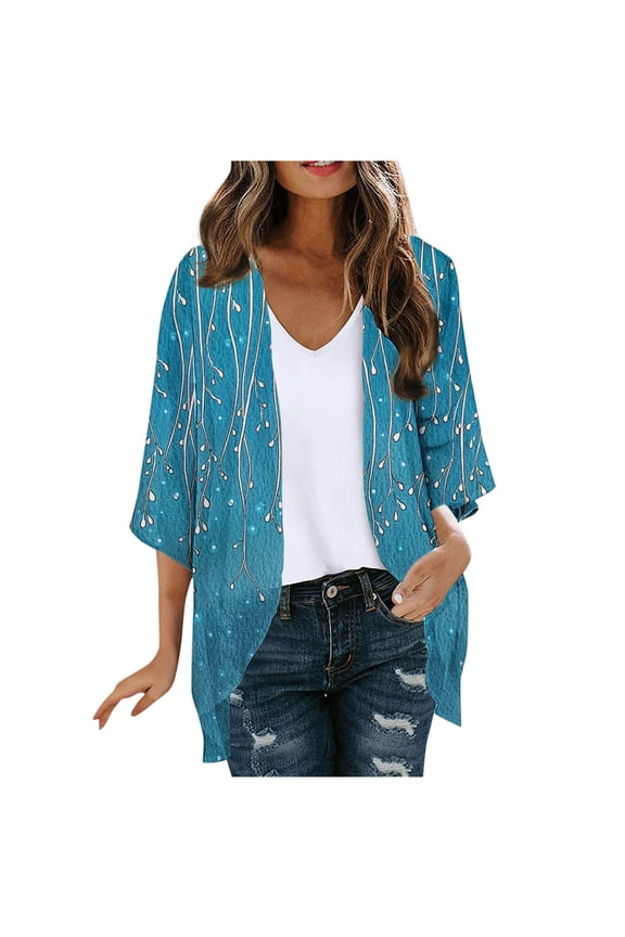 Womens Sheer Chiffon Kimono Cover ups Floral Print Open Front Lightweight Cardigans Shawl Tops Blue M