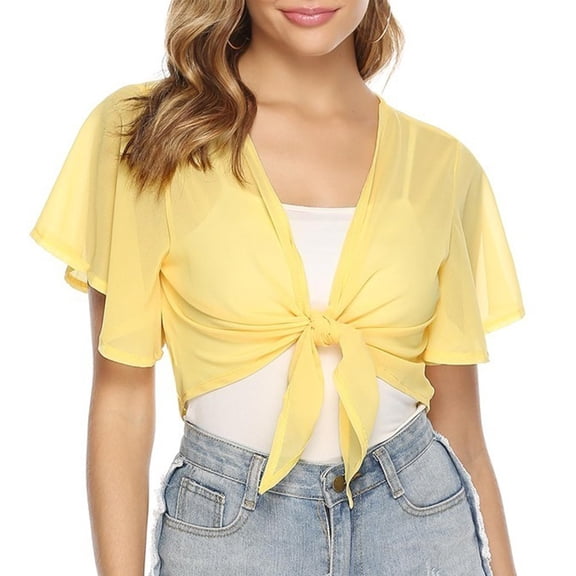 Womens Sheer Chiffons Flared Short Sleeve Cropped Shrug Cardigan Shawl Tops Casual Tie Front Boleros Jackets for Dresses