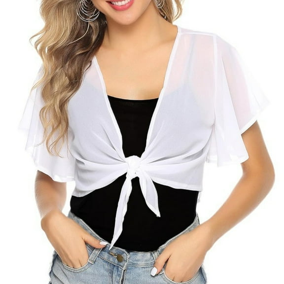 Womens Sheer Chiffons Flared Short Sleeve Cropped Shrug Cardigan Shawl Tops Casual Tie Front Boleros Jackets for Dresses