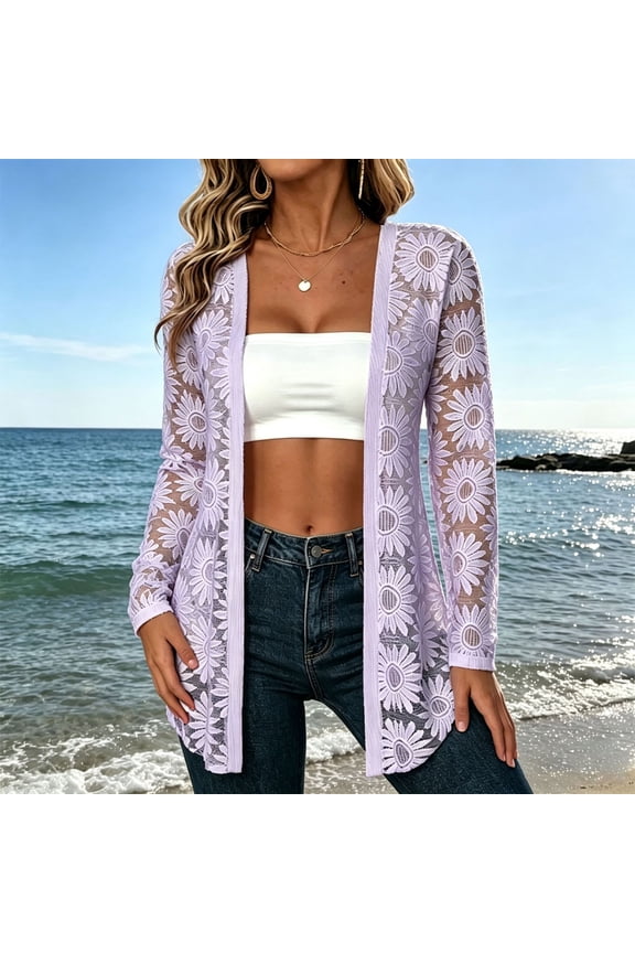Womens Sheer Floral Jacquard Cardigan Long Sleeve Lightweight Open Front Summer Fall Vacation Beach Swimsuit Cover Ups Light Purple XL