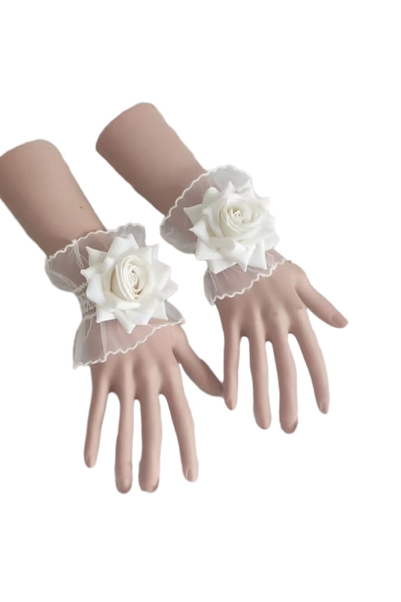 Womens Sheer Floral Lace Wrist Gloves Elastic Lace Ruched Cuff Bridal Cuffs for Wedding Party