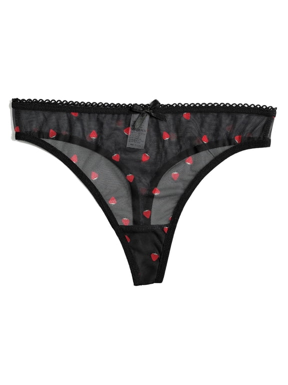 Womens Sheer Heart Print Mesh Thong Black, No Show Invisible Underwear for Everyday Comfort, Scalloped Lace & Bow Detail, Valentine's Day Gift,Size M