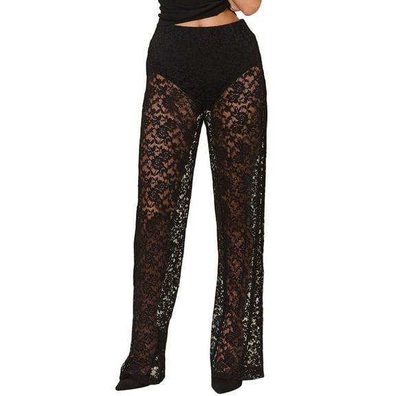 Womens Sheer Lace Pants Gothic High Waist Wide Leg Flare Pants Bell-Bottoms Trousers Clubwear