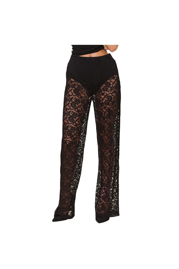Womens Sheer Lace Pants Gothic High Waist Wide Leg Flare Pants Bell-Bottoms Trousers Clubwear