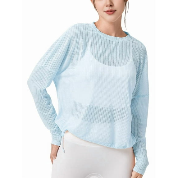Womens Sheer Long Sleeve Mesh Top Crewneck Long Sleeve Loose See Through Workout Shirt Blouse Sky Blue XL