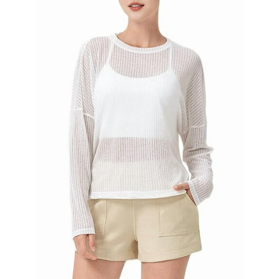 Womens Sheer Long Sleeve Mesh Top Crewneck Long Sleeve Loose See Through Workout Shirt Blouse White S