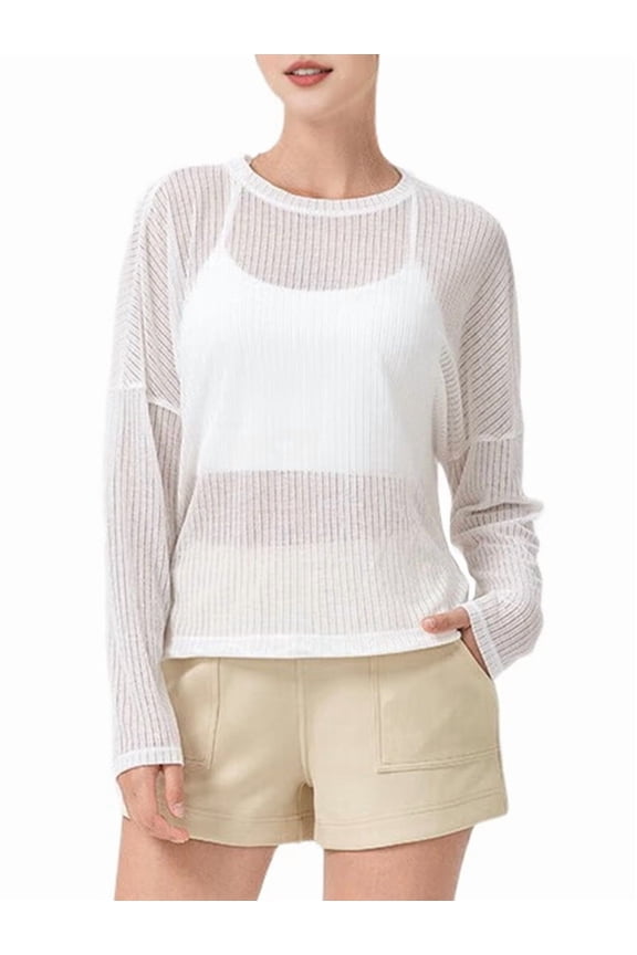 Womens Sheer Long Sleeve Mesh Top Crewneck Long Sleeve Loose See Through Workout Shirt Blouse White S