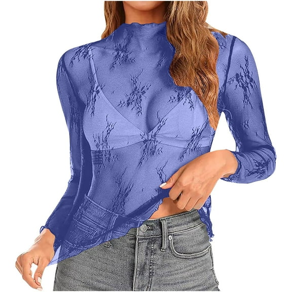 Womens Sheer Long Sleeve Tops High Neck Mesh Shirt See Through Floral Lace Tops Lightweight Bodycon Layering Blouses, Blue, M