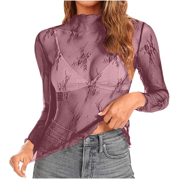 Womens Sheer Long Sleeve Tops High Neck Mesh Shirt See Through Floral Lace Tops Lightweight Bodycon Layering Blouses, Purple, S