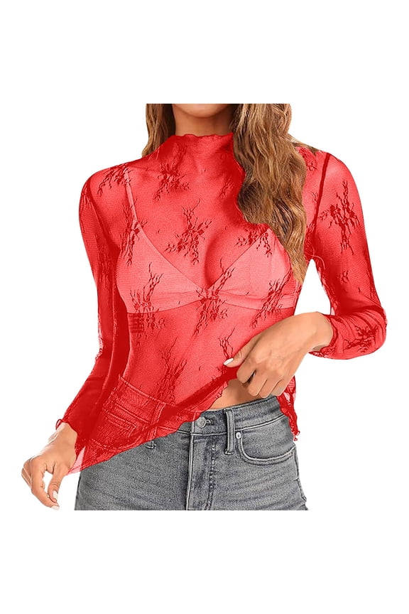 Womens Sheer Long Sleeve Tops High Neck Mesh Shirt See Through Floral Lace Tops Lightweight Bodycon Layering Blouses, Red, L