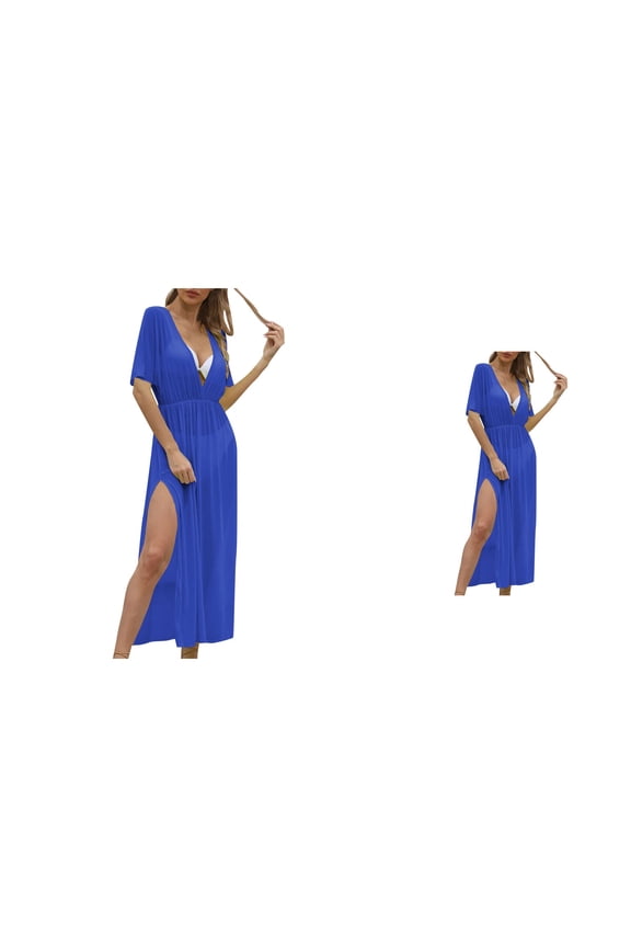 Womens Sheer Mesh Beach Cover Up Dress Deep V-Neck, Elastic Waist, Side Slit Maxi for Swimwear & Resort Wear