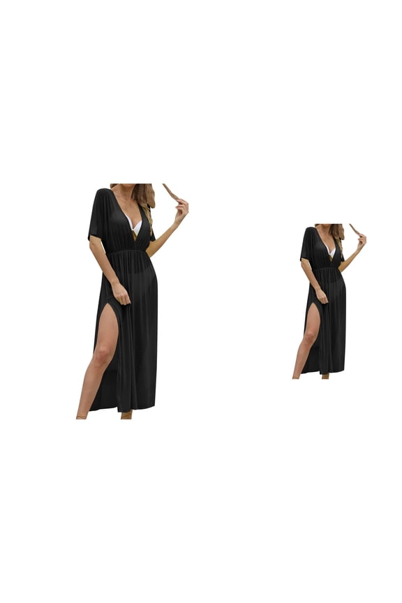 Womens Sheer Mesh Beach Cover Up Dress Deep V-Neck, Elastic Waist, Side Slit Maxi for Swimwear & Resort Wear