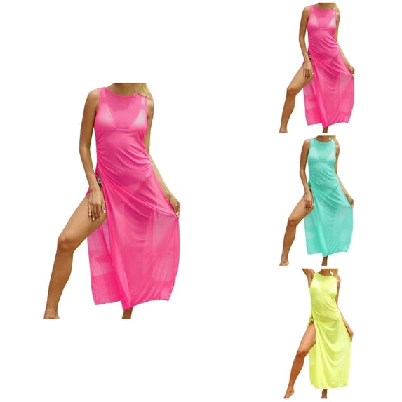 Womens Sheer Mesh Beach Cover Up Dress with Drawstring Waist, Lace Sarong, Sleeveless High-Split Bikini Swimwear Cover Up for Vacation