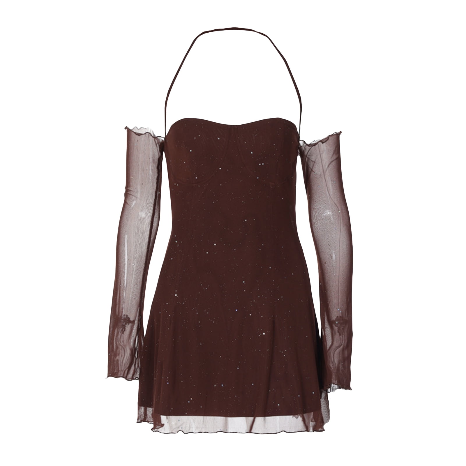 Womens Sheer Mesh Dress Slim Fit Off Shoulder Halter Neck Backless Long