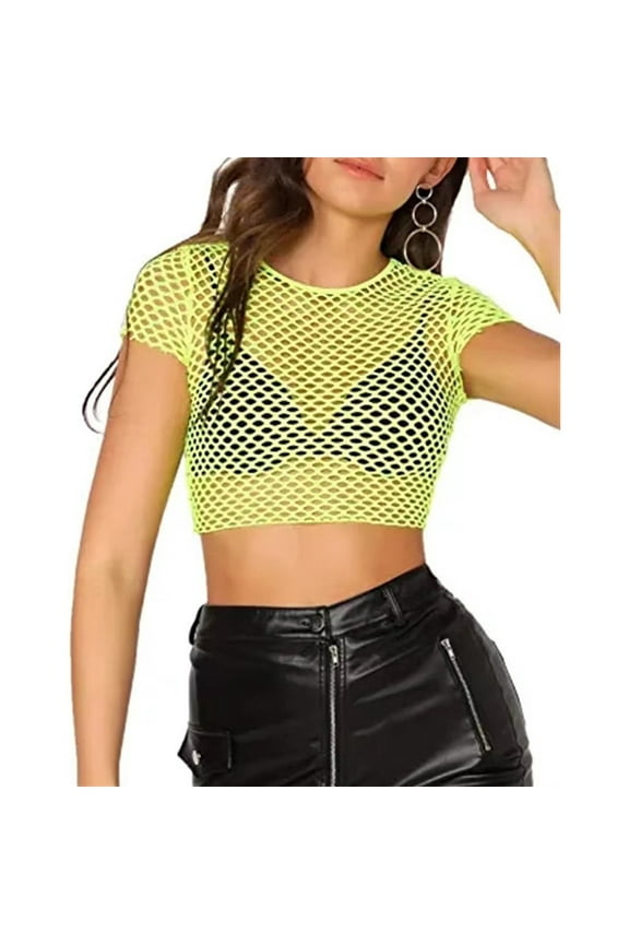 Womens Sheer Mesh Fish Net Short Sleeve See Though Crop Top T-Shirt Blouse
