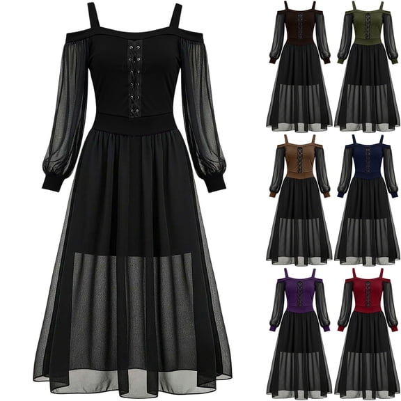 Womens Sheer Mesh Flowy Vampire Dresses Gothic Witch Costume Long Sleeve Cold Shoulder Lace Up Corset Dress for Halloween Cosplay 2026, Black, XXL