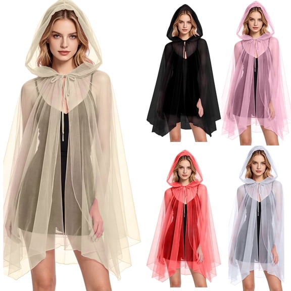 Womens Sheer Mesh Hooded Cape Cloak Tie Front Tulle Poncho Gothic Witch Costume for Halloween Party Rave Cosplay Dress Cover Up, Beige, M
