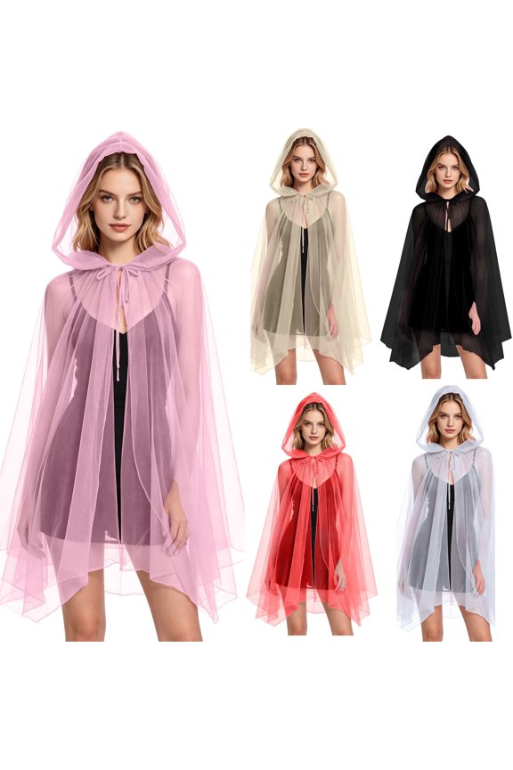 Womens Sheer Mesh Hooded Cape Cloak Tie Front Tulle Poncho Gothic Witch Costume for Halloween Party Rave Cosplay Dress Cover Up, Pink, S