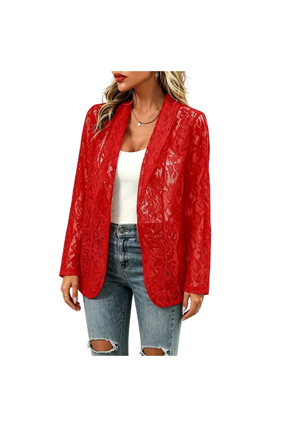 Womens Sheer Mesh Jackets Long Sleeve Lace Lapel Open Front Lightweight Loose Fit Office Casual Blazer Suit Coat Cardigans Red S