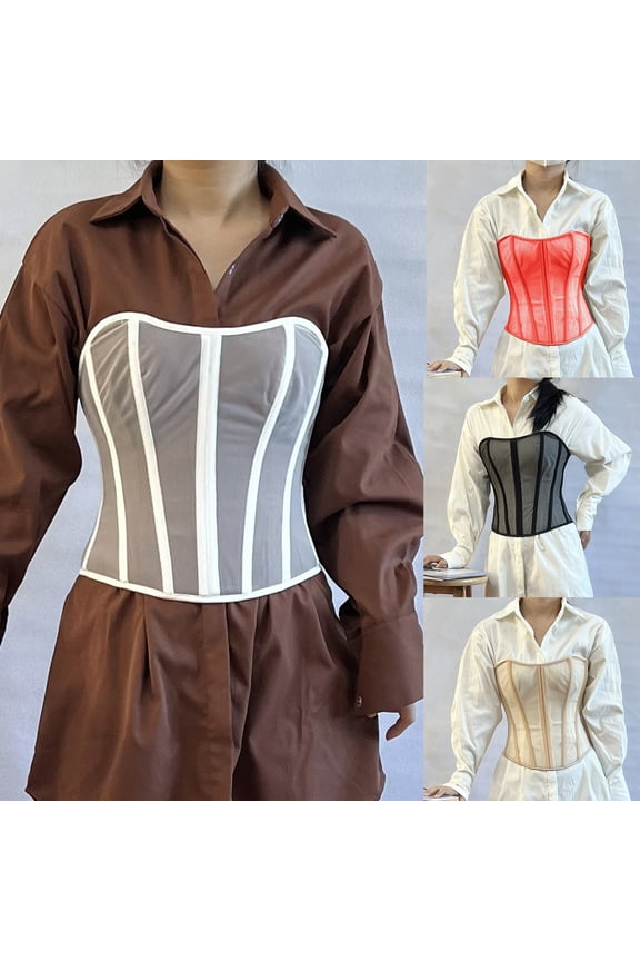 Womens Sheer Mesh Lace-Up Boned Corset Top Strapless Bustier Shaper Elegant Comfortable Shapewear White XXL
