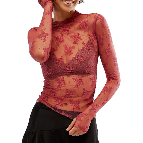 Womens Sheer Mesh Layering Top Long Sleeve Mock Neck Lace Floral See Through Shirt Tops Y2k Aesthetic Blouse Top