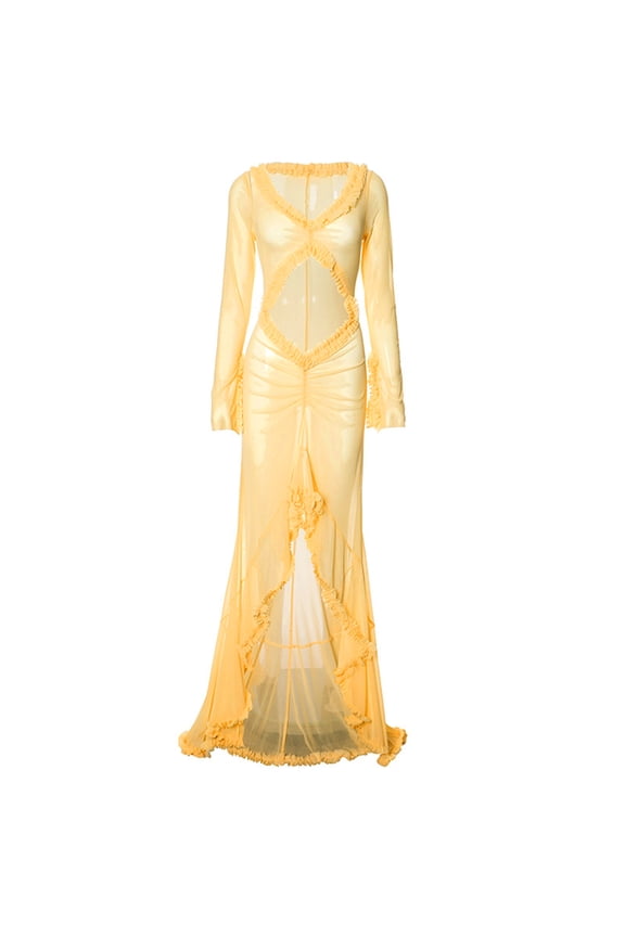 Womens Sheer Mesh Long Sleeve Flared Bodycon Floor Length Dress Cut Out Ruffled Ruched Pacakge Hip Beach Dresses