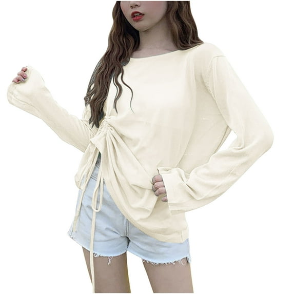 Womens Sheer Mesh Long Sleeve Tops Trendy Summer Drawstring Crewneck T Shirt Solid Color Lightweight Casual Blouse