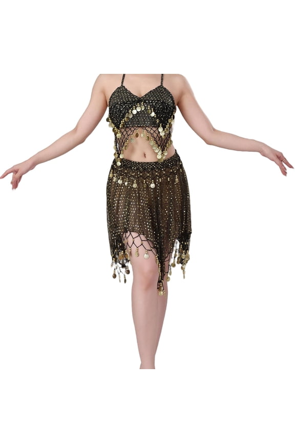 Womens Sheer Mesh Mini Skirts Bell Dance Handkerchief Hem Sequin See-Through Skirts Sparkly Gold Coins Black, Free Size