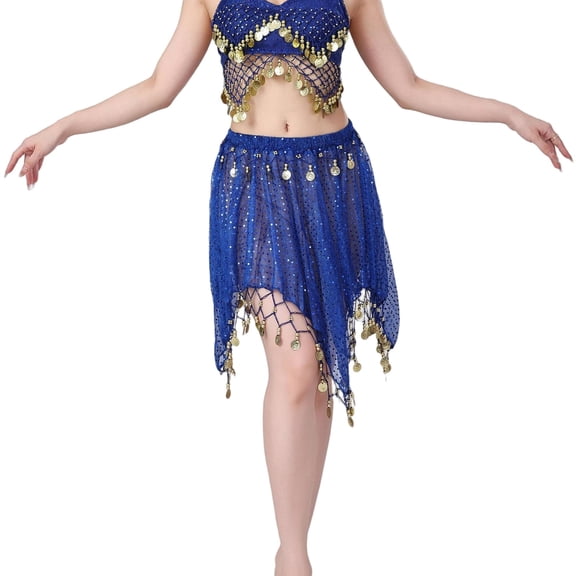 Womens Sheer Mesh Mini Skirts Bell Dance Handkerchief Hem Sequin See-Through Skirts Sparkly Gold Coins Dark Blue, Free Size