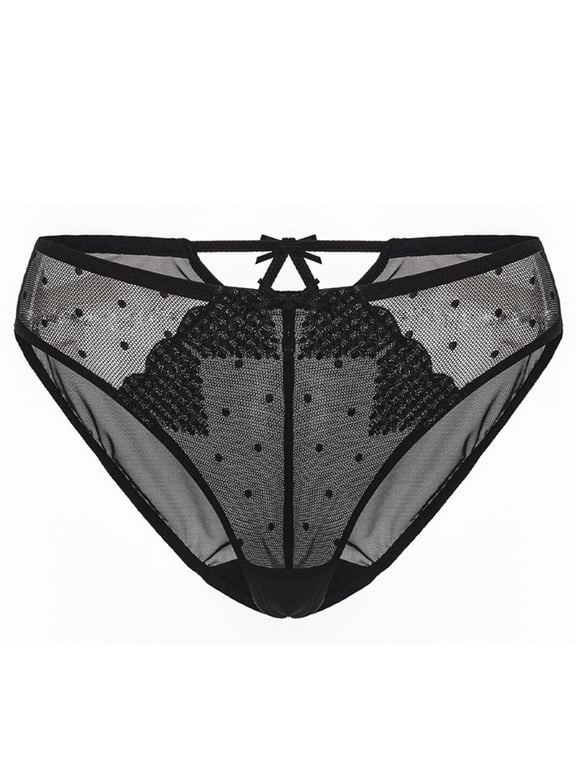 Womens Sheer Mesh Panties - Breathable Low Rise Bikini Underwear with Lace Trim & Bow, 1-Pack, Black,Size S