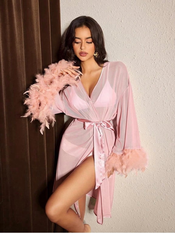 Womens Sheer Mesh Robe With Faux Fur Cuffs, Satin Tie-Front, Elegant Pink Loungewear