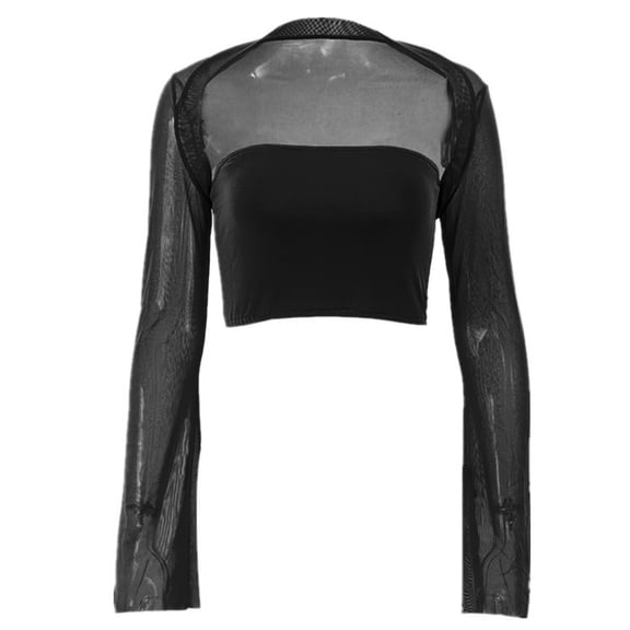 Womens Sheer Mesh See Through Square Neck Skinny Crop Top Long Sleeve Ladies T-Shirt See Through Blouses