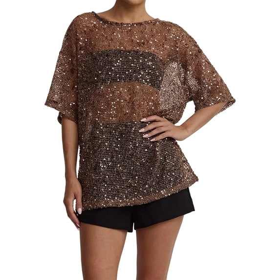 Womens Sheer Mesh Sequin Summer Top, Casual Hollow Out Fashion Blouse, Loose Fit Stylish Party Pullover Tee