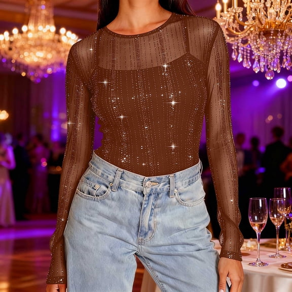 Womens Sheer Mesh Tops Sparkly Shirts Long Sleeve Crew Neck Slim Fitting Mesh Blouses Tee for Party Brown XXL