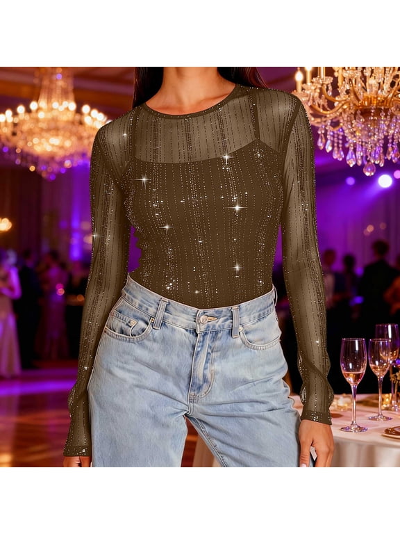 Womens Sheer Mesh Tops Sparkly Shirts Long Sleeve Crew Neck Slim Fitting Mesh Blouses Tee for Party Coffee L