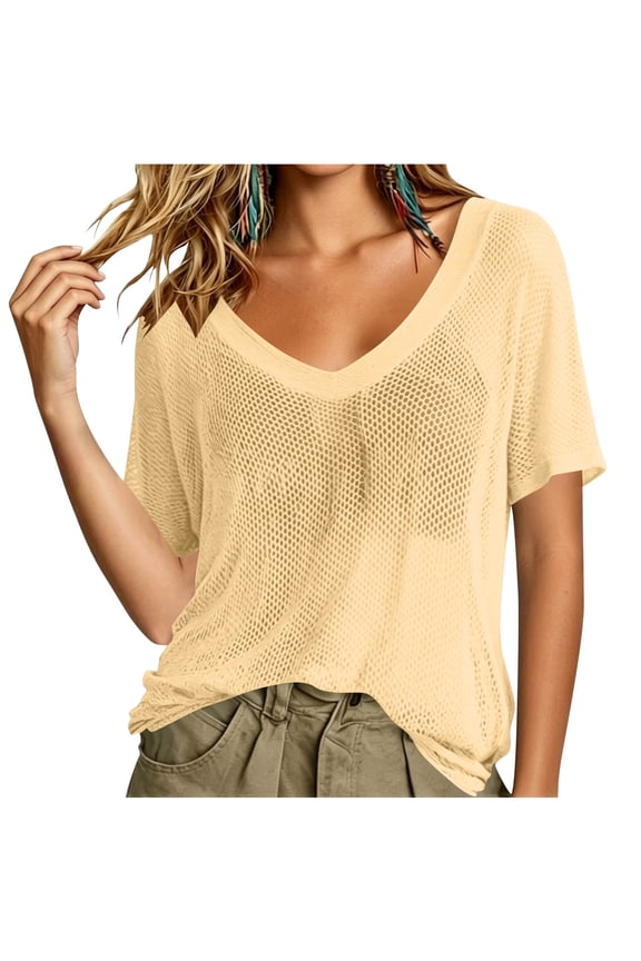 Womens Sheer Mesh V Neck Shirts Summer Lightweight Short Sleeve Blouse Tops Casual Comfy See Through Tunic Beach Cover Ups