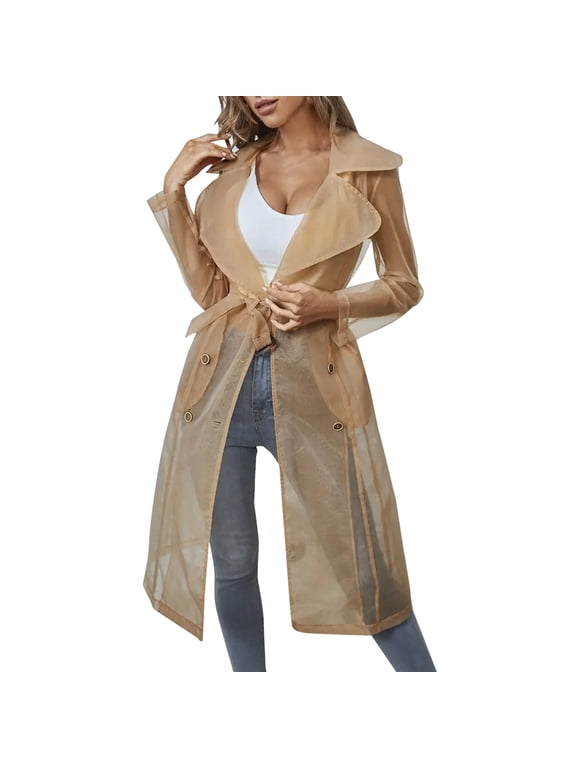 Womens Sheer Organza Trench Coat Lapel Collar Long Sleeve Double Long Jacket Transparent Fall Outerwear Elegant Streetwear Top