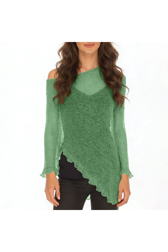 Womens Sheer Poncho Shrug Lightweight Knit Ruffle Pullover Sweater Top