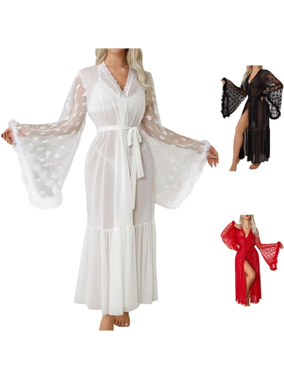 Womens Sheer Robes Long Bathrobe Heart Textured Bridal Sleepwear Y2k Fluffy Dolman Long Sleeve V Neck Lace Trim Ruffle Hem Elegant Loungewear, White, M