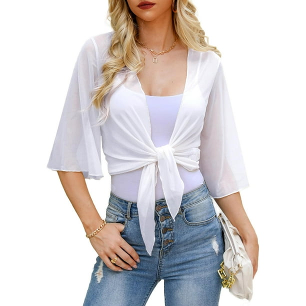 Womens Sheer Shrug Tie Front Bell Sleeve Summer Cropped Bolero