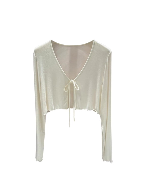 Womens Sheer Shrug Tie Front Cardigan Long Bell Sleeve Mesh Bolero Soft Cozy Lightweight Tops Summer Fall Casual Loose Short Shawl Top Daily Travel Outfits