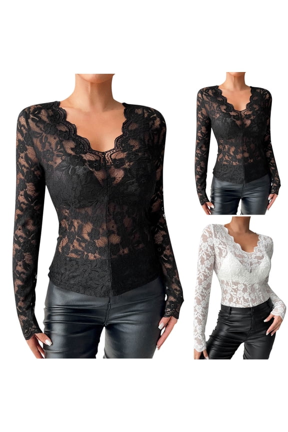 Womens Sheer Tops Wave Trim V Neck Long Sleeve Floral Embroidered Pattern Tight Fit Party Wear Long Sleeve Mesh Shirts for Women